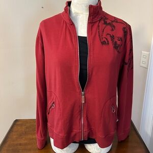 Zenergy red jacket with black floral designs, size 2 large